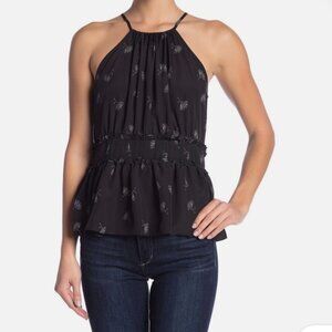 Joie Shawnette Ruched Ruffle Keyhole Sleeveless High Neck Blouse, Size S,